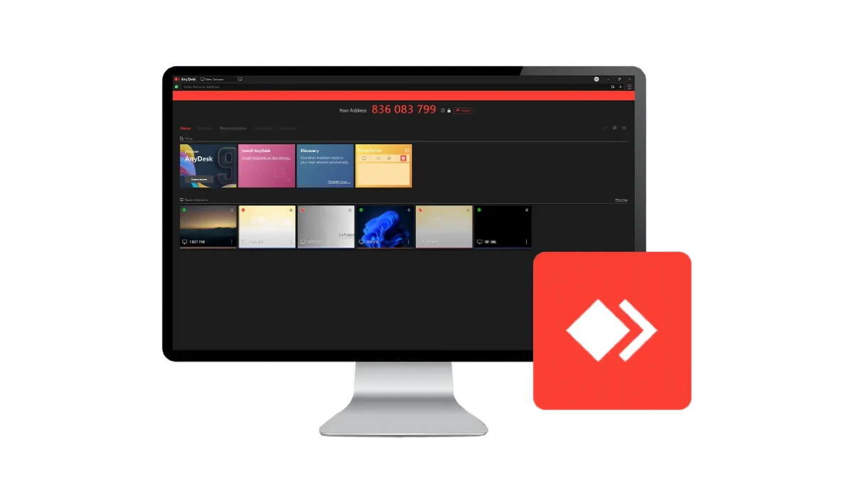 Desktop monitor with AnyDesk software in dark mode for remote support